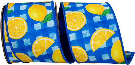 Lemon Picnic Royale Fused Dupioni Backed Wired Edge Ribbon Royal/yellow 4 Inch 10 Yards