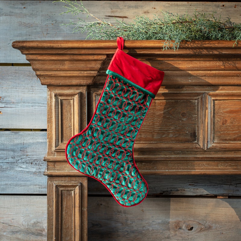 Green Velvet Red Intertwined Embroidery Christmas Stocking