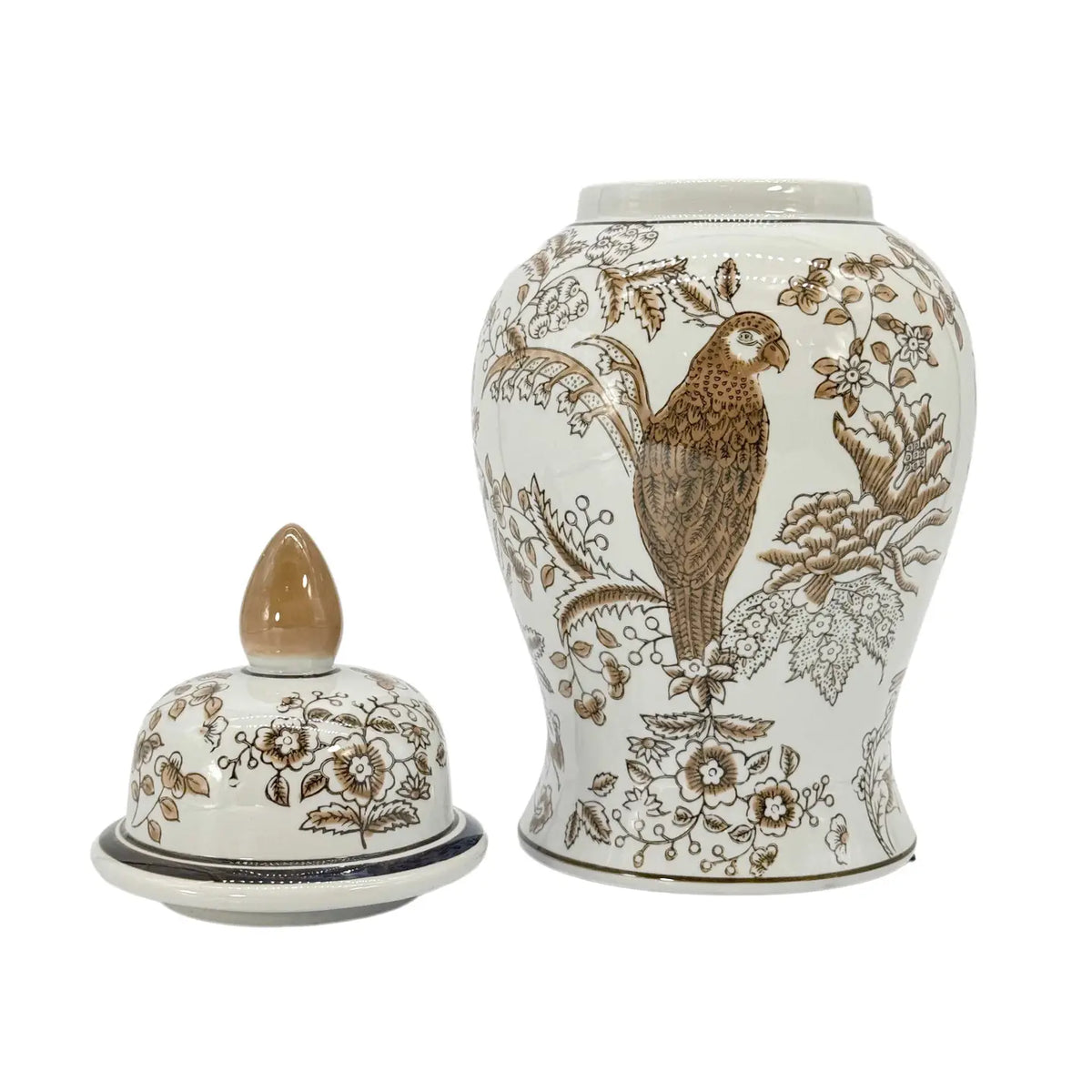 Brown And White Chinoiserie Ceramic Jar 14"H