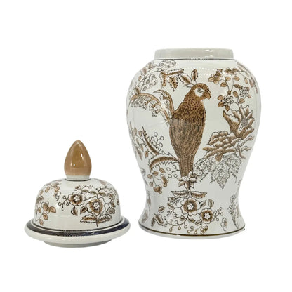 Brown And White Chinoiserie Ceramic Jar 14"H