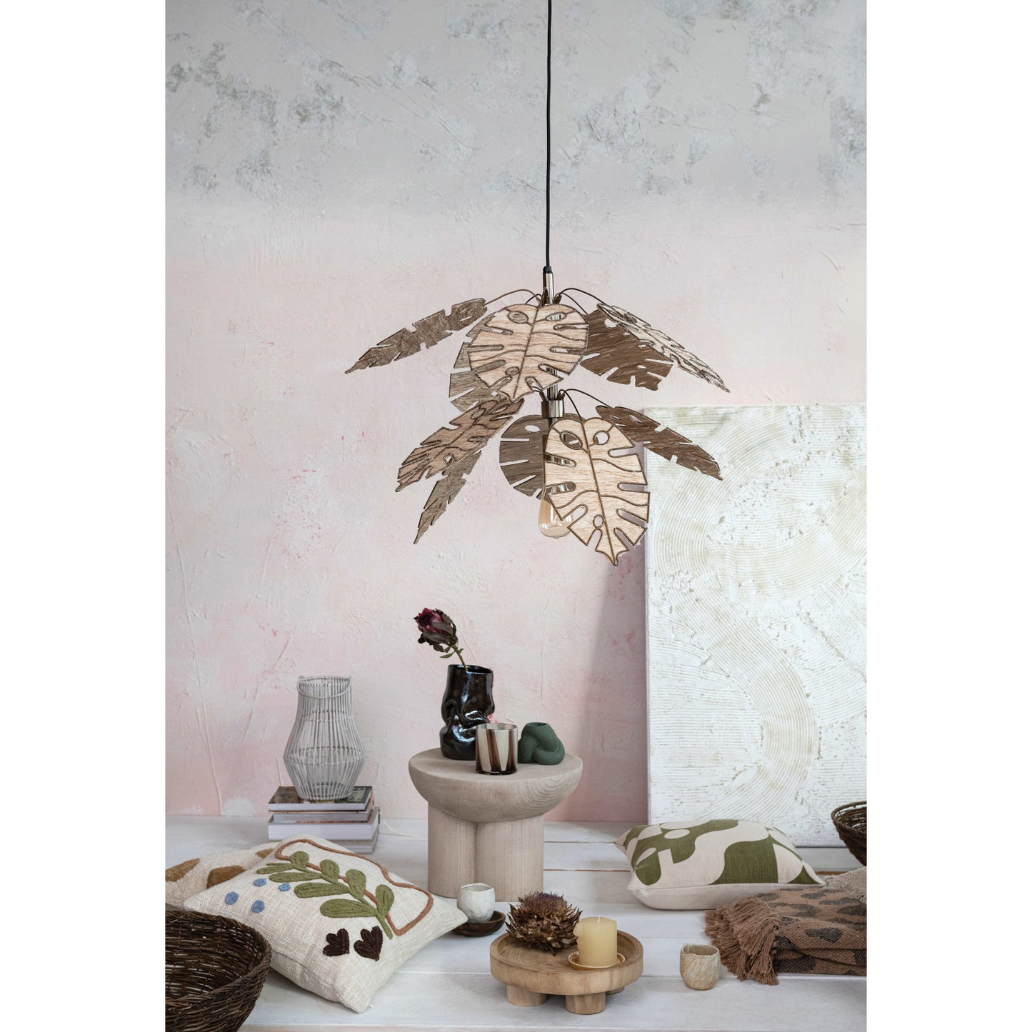 Metal & Banana Fiber Leaf Pendant Lamp, Antique Brass Finish, 6' Cord