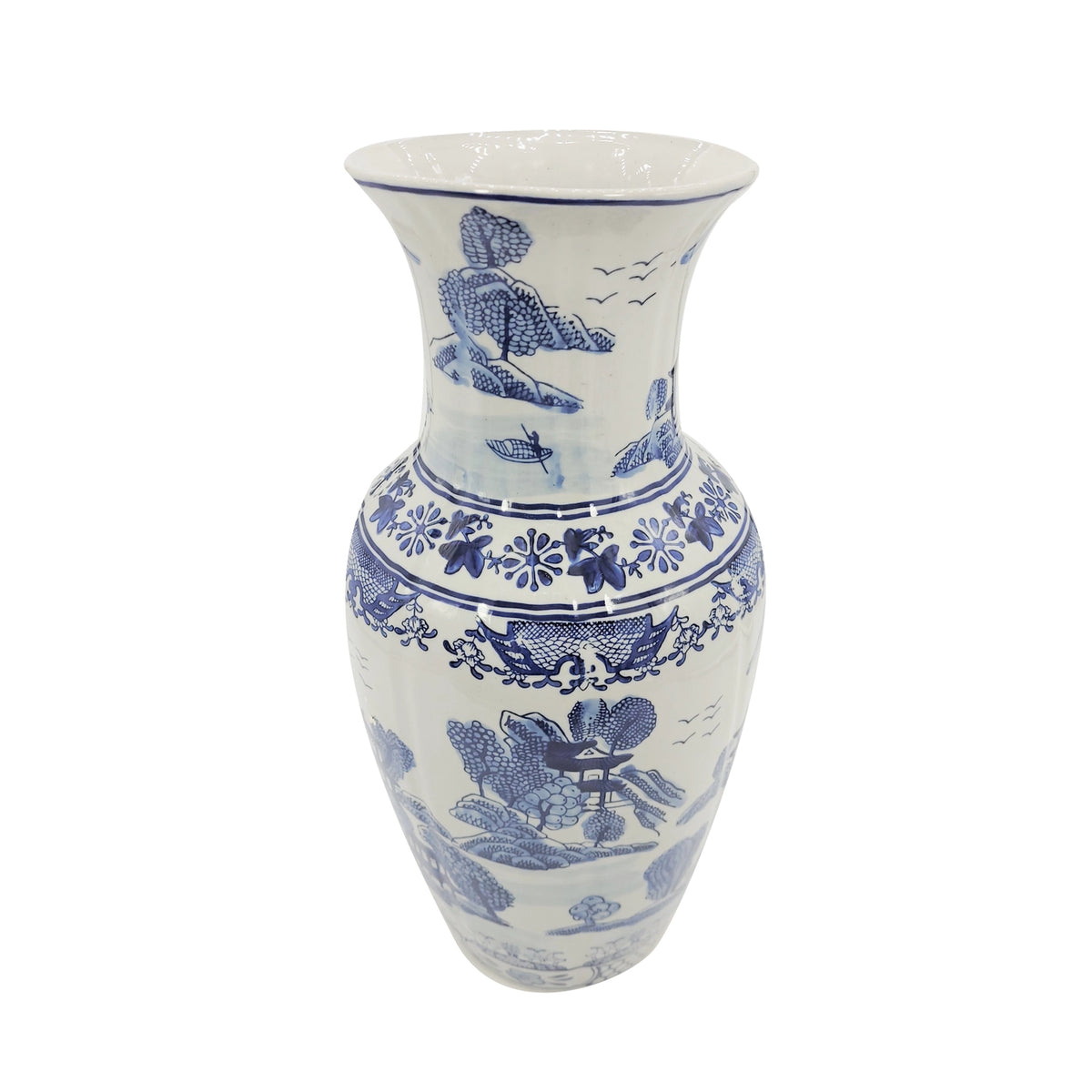 Blue and White Chinoiserie Ceramic Vase 18"
