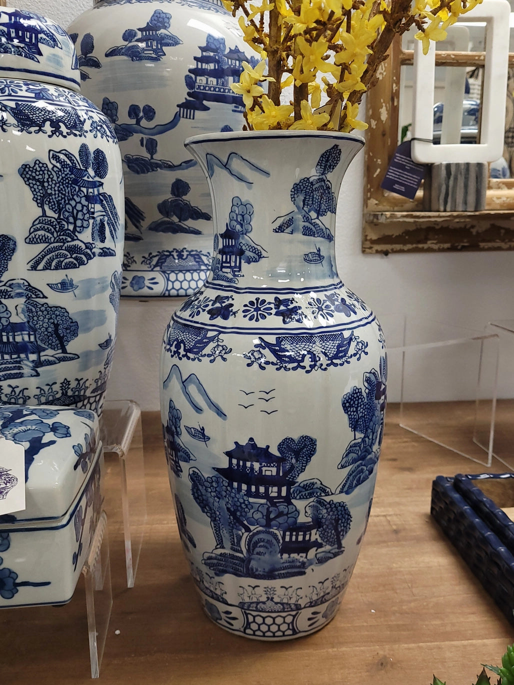 Blue and White Chinoiserie Ceramic Vase 18"